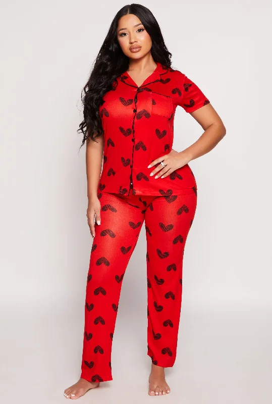 Women's Transitional Attire Soft Knit Heart Print Pajama Shirt and Pants