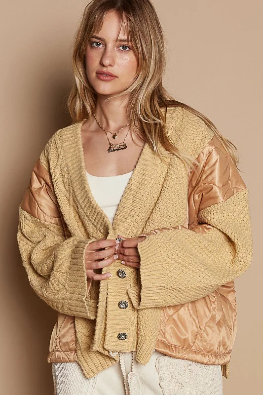 Women's Casual Apparel For Weekends Hot Girl Quilted Patch Button Up Cable Knit Shacket In Camel