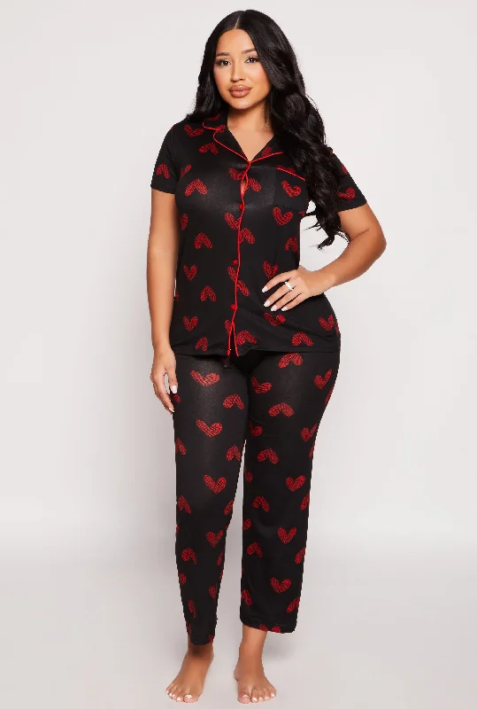 Women's Stylish Vacation Attire Soft Knit Heart Print Pajama Shirt and Pants