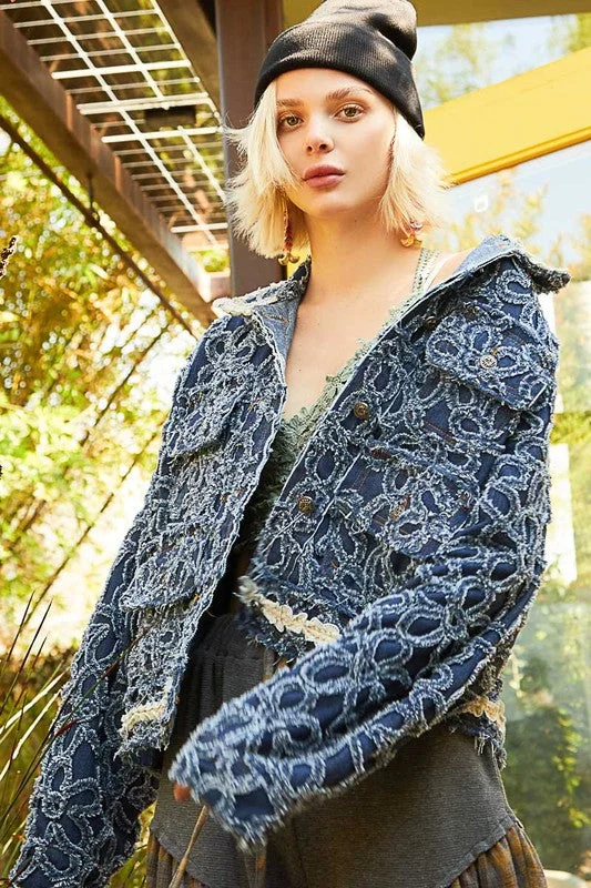 Fashion-Forward Women's Clothing Hot Girl Flower Textured Raw Hem Denim Jacket