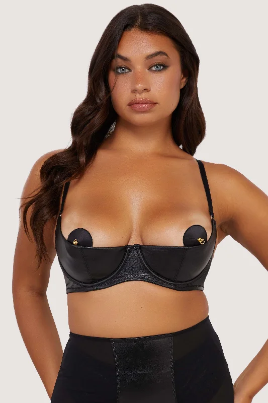 Women's Cozy Outfit For Lounging Iris Black Leatherette Quarter Cup Open Bra