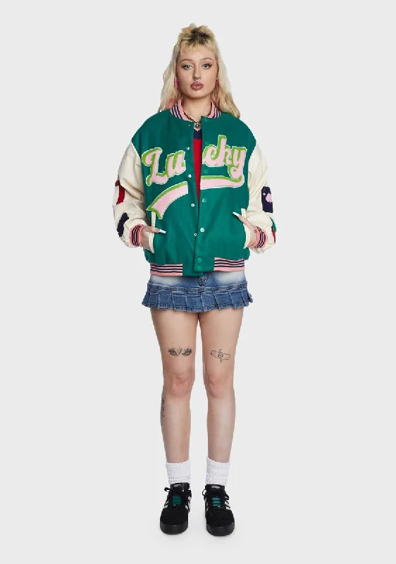 Women's Clothing For Casual Outings Embroidered Patch Green Varsity Jacket