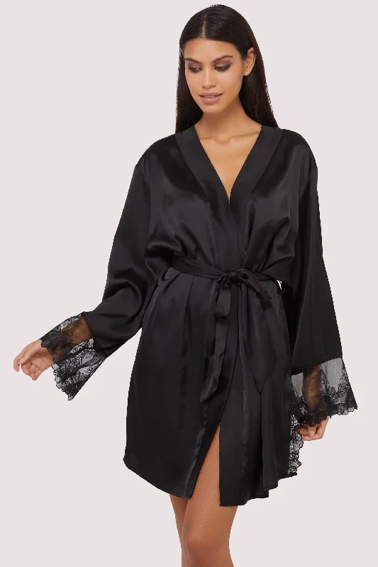 Women's Trendy Casual Outfit Eleanor Black Satin & Embroidery Robe