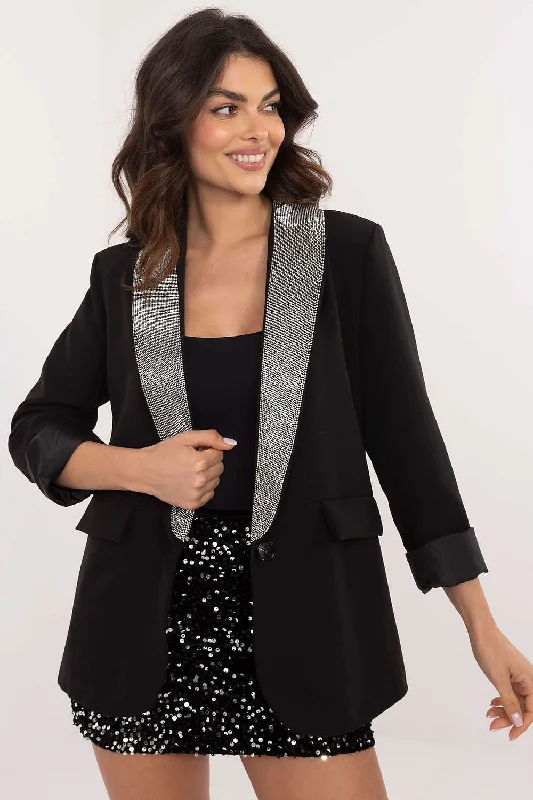 Women's Chic Outerwear Attire Italy Moda Glamour Edge Rhinestone Lapel Blazer