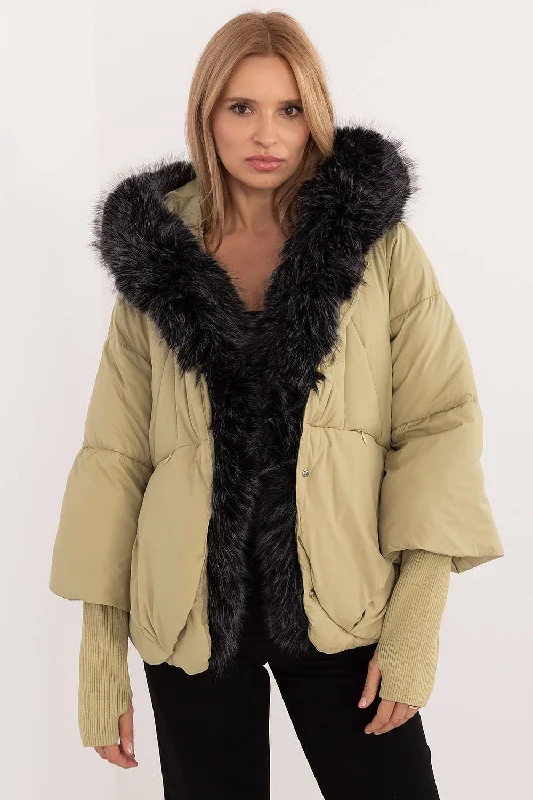 Women's Date Night Outfit MBM Fur Trim Puffer Jacket In Sage