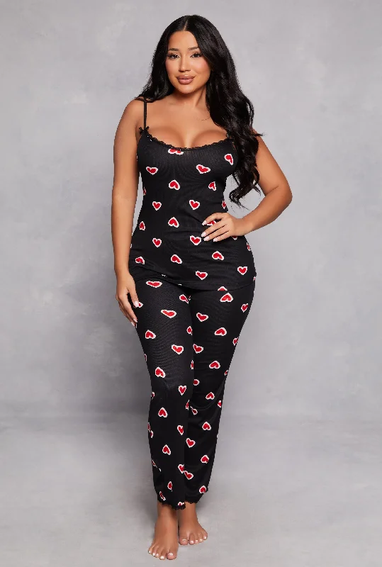 Women's Chic Outerwear Outfit Heart Print Pajama Cami and Pants Set