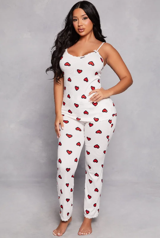 Women's Classic Outfit Heart Print Pajama Cami and Pants Set