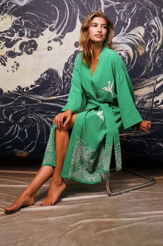 Stylish Women's Attire Origami and Hokusai Wave Embroidered Fully Lined Island Green Long Kimono