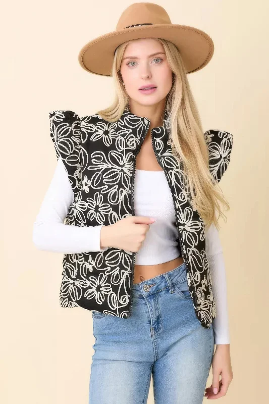 Women's Plus-Size Clothes Hot Girl Delilah Floral Velvet Embroidered Denim Puffer Vest In Black