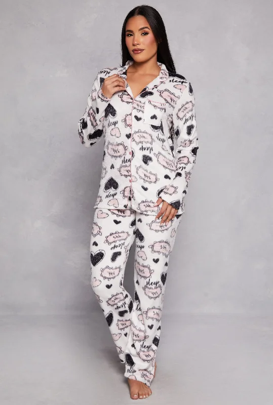 Women's Outerwear Apparel Plush Graphic Print Pajama Shirt and Pants