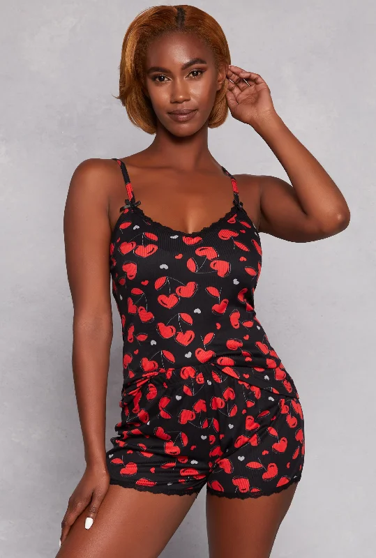 Women's Comfy Attire For Lounging Ribbed Knit Cherry Heart Pajama Cami and Shorts