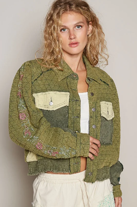 Women's Apparel And Garments Hot Girl Embroidered Sleeve Raw Edge Quilted Jacket In Olive