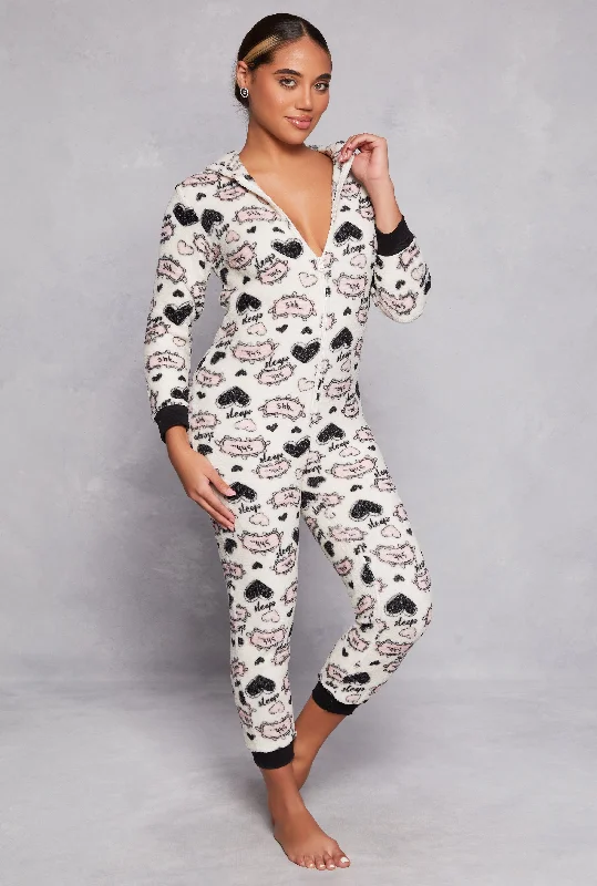 Women's Clothing For Work Plush Heart Sleep Graphic Hooded Pajama Onesie