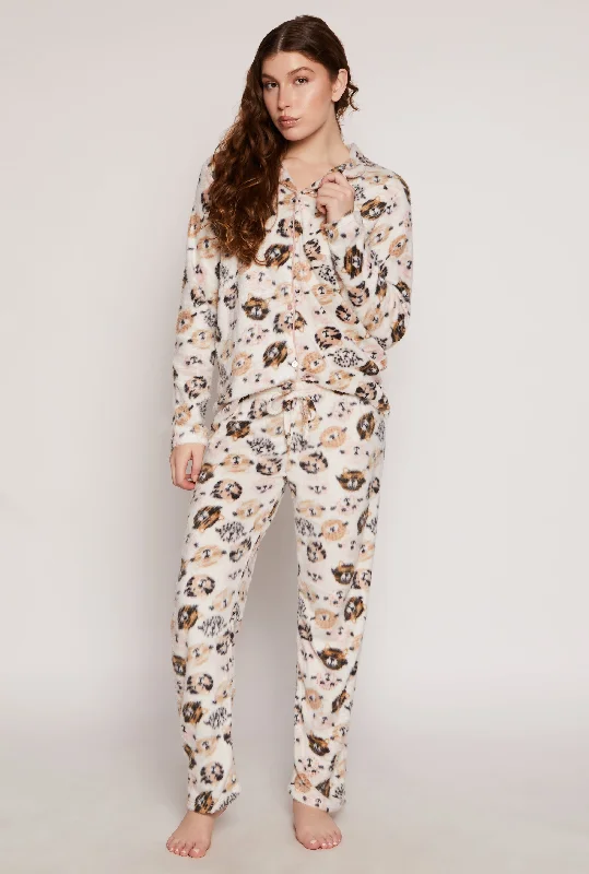 Women's Everyday Apparel Cat Print Pajama Shirt and Pants Set