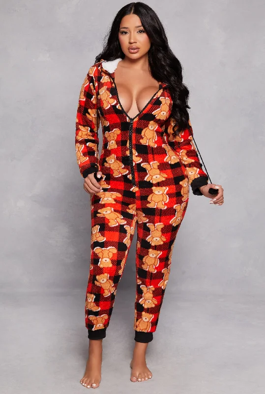 Fashionable Women's Outfit Teddy Bear Plaid Print Pajama Onesie