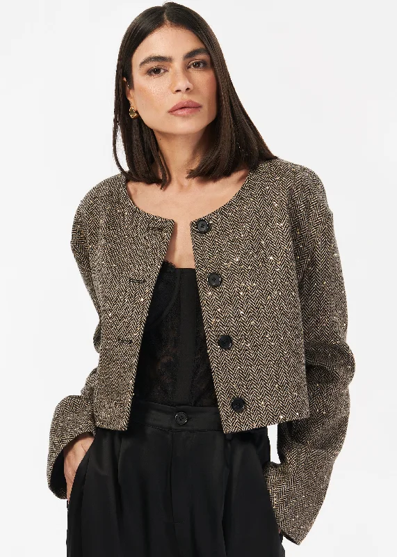 Women's Clothing For Travel Serrano Sequin Tweed Cropped Jacket Black and Tan