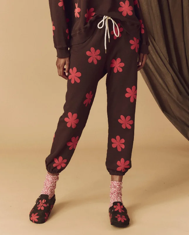 Women's Active Garments For Workouts The Hand Stamped Stadium Sweatpant. -- Mocha with Hot Red Daisy