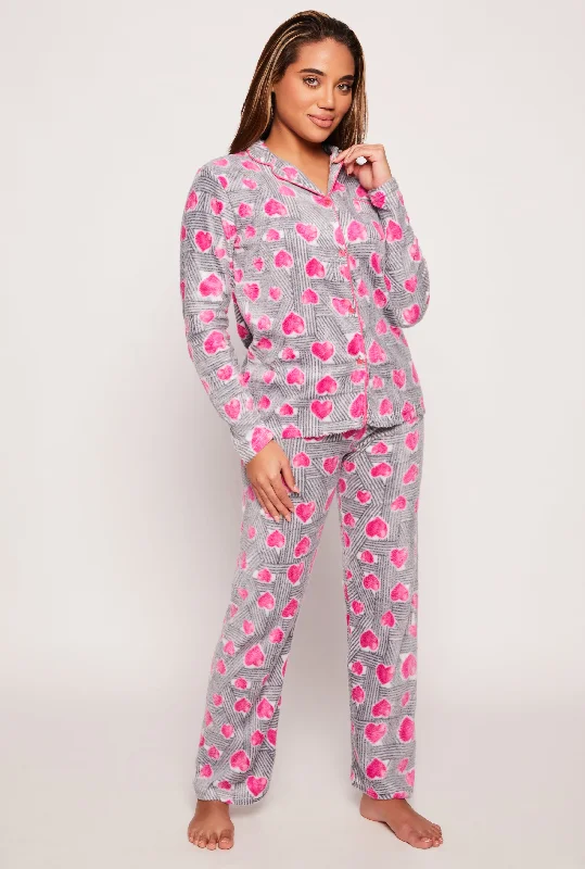 Casual Clothing For Women Fleece Heart Print Long Sleeve Pajama Shirt and Pants