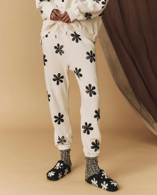 Women's Vintage Garments The Hand Stamped Stadium Sweatpant. -- Washed White with Black Daisy