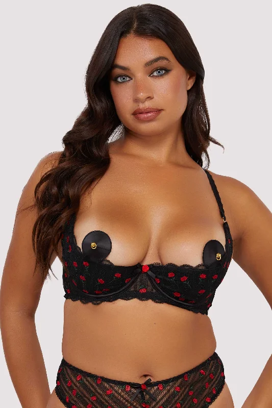 Women's High-Fashion Outfit Elodie Black and Red Rosebud Embroidery Quarter Cup Bra