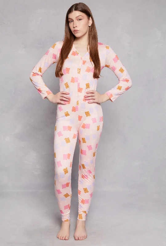 Vintage-Inspired Women's Clothes Teddy Print Button Front Pajama Onesie