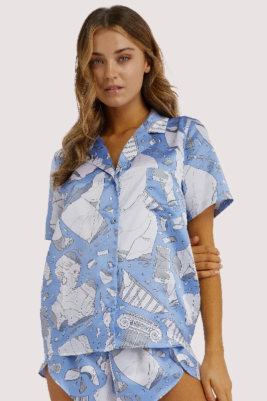 Fashionable Women's Casual Apparel Logan Spector Recycled Blue Statue Satin Shirt