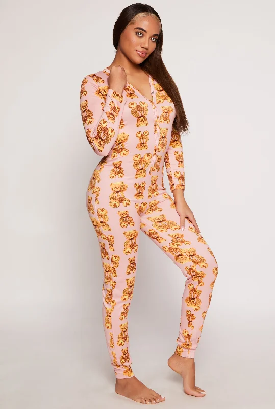 Women's Clothing For Everyday Wear Teddy Bear Print Button Front Pajama Onesie