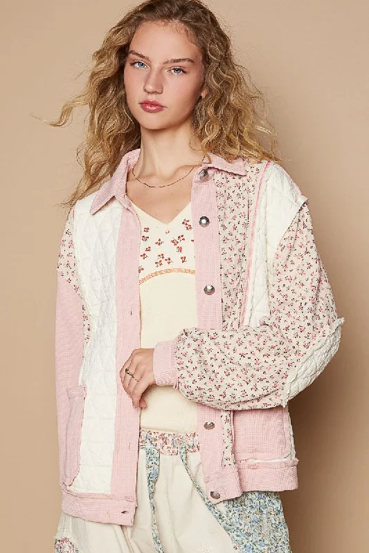 Women's Comfortable Lounge Garments Hot Girl Floral Exposed Seam Button Up Quilted Shacket In Pink