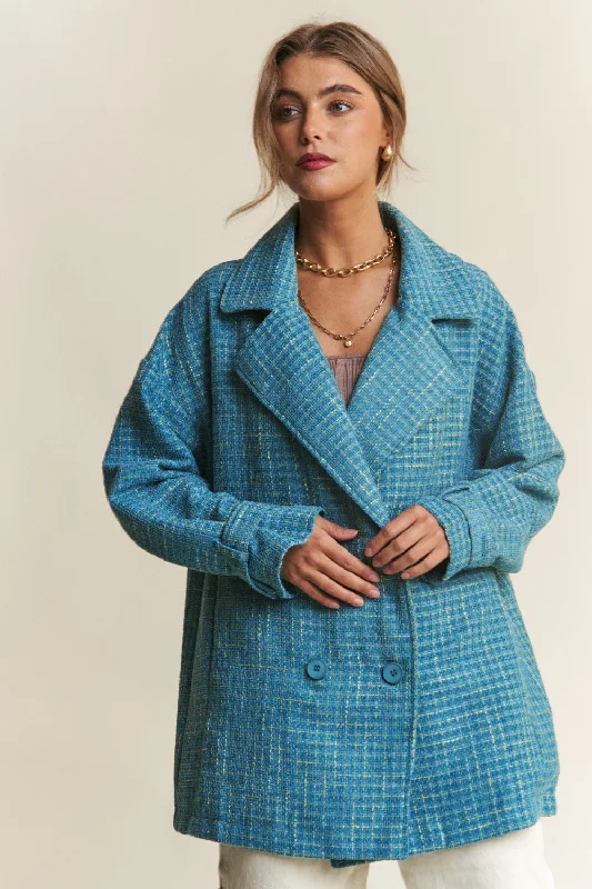 Comfortable Women's Apparel Hot Girl J.NNA Tweed Double-Breasted Pea Coat In Peacock Blue