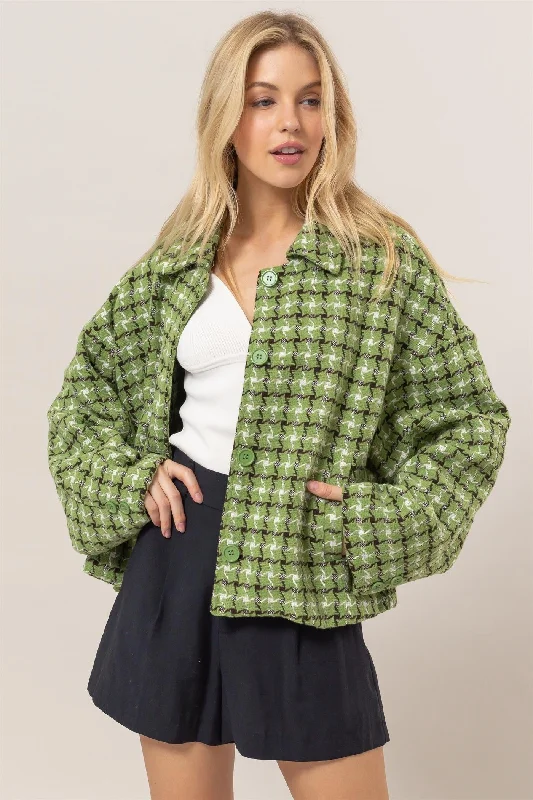 Women's Seasonal Garments Hot Girl HYFVE Tweed Plaid Button Up Collared Jacket In Green