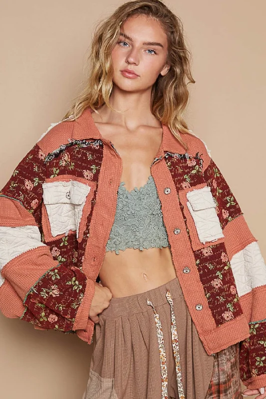 Women's Casual Attire Hot Girl Washed Floral Exposed Seam Color Block Jacket In Brick