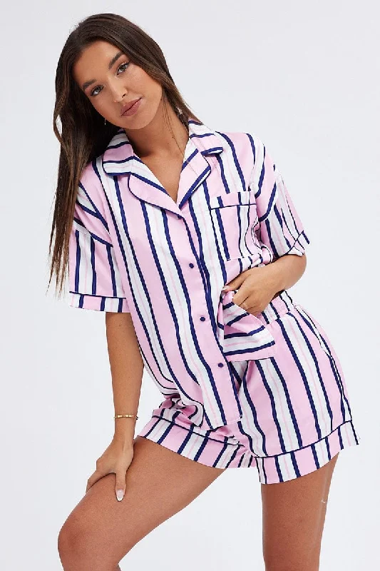 Women's Clothing Multi Print Satin Pj Multi Stripe Piping Pyjama Set