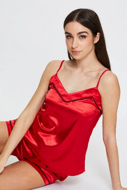 Formal Garments For Women Red Satin Pajamas Set Sleeveless