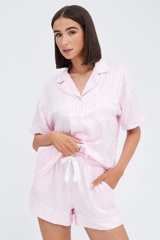 Women's Trendy Garments Pink Stripe Satin Stripe Pj Piping Button Through Pyjama Set