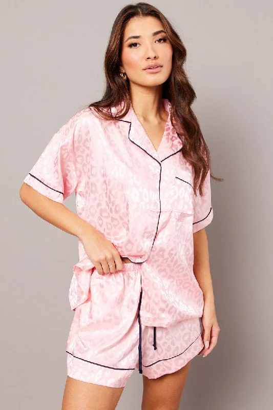 Women's Timeless Attire Pink Pyjama Set Leopard Jacquard Piping Satin PJ