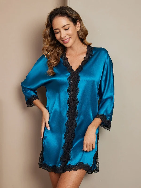 Plus-Size Women's Clothing Pure Silk Elegant 3/4 Sleeve Lace Trimmed Nightgown