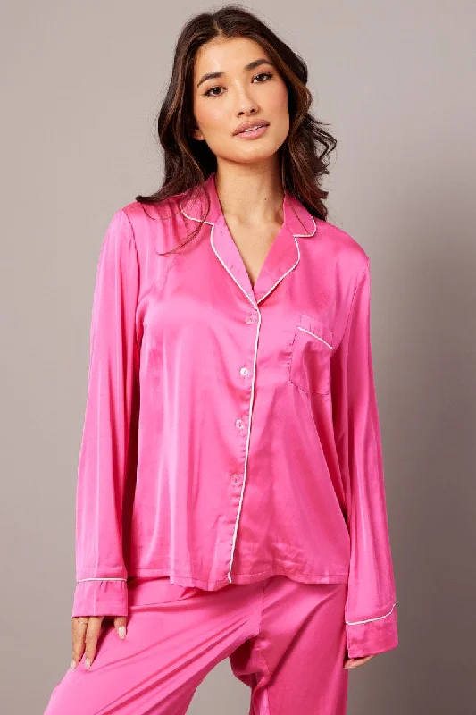 Women's Casual Garments Pink Satin Pyjama Contrast Piping Long Leg Pj Set