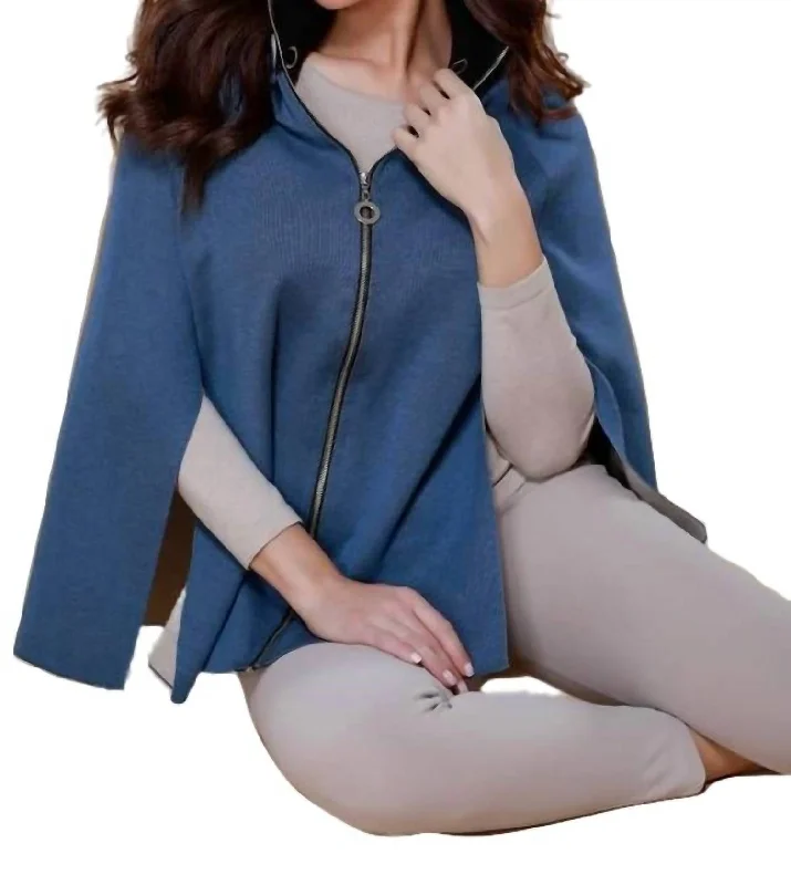 Women's Clothing Sets High Slit Detachable Hooded Poncho In Denim Stone