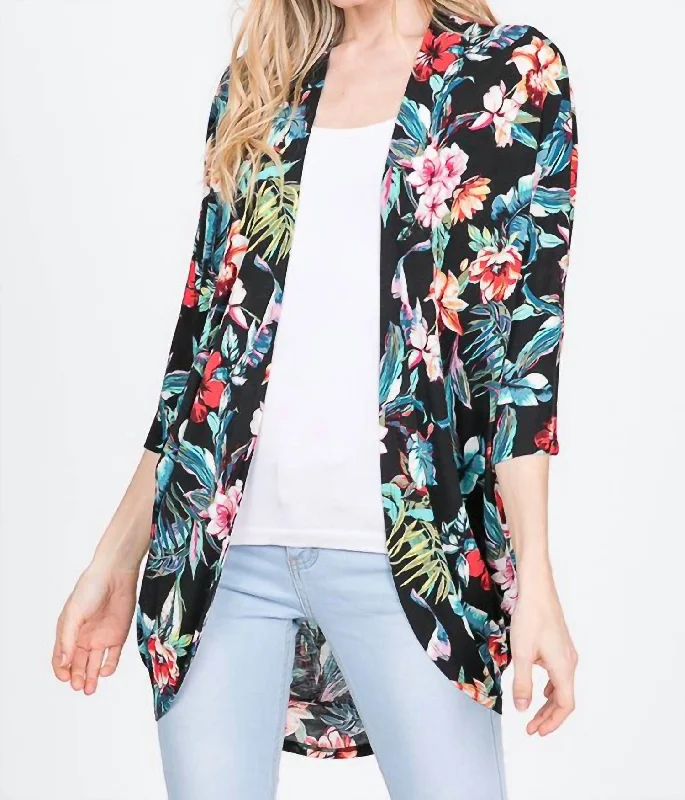 Women's Active Clothing Tropical Plants Floral Bulgari Cardigan In Black