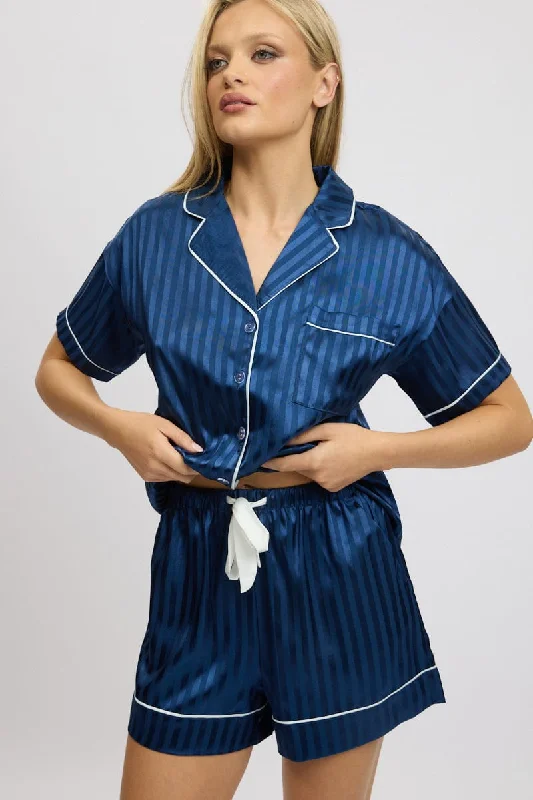 Women's Work Outfit Blue Stripe Satin Pyjamas Set Short Sleeve