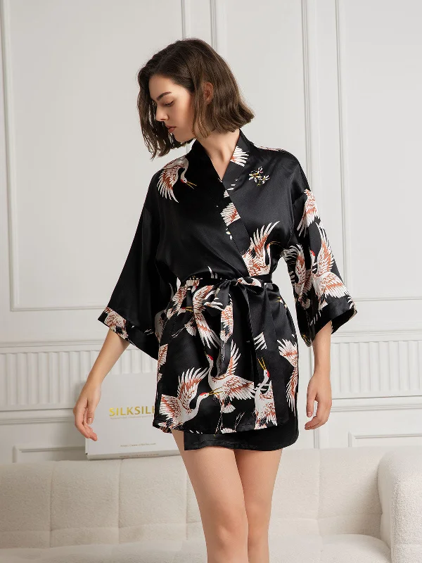 Vintage-Inspired Women's Clothes Women's Silk Crane Print Short Dressing Gown