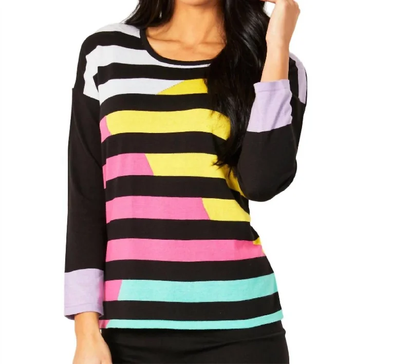 Women's Outerwear Apparel Multi Stripe Crew Neck Top In Black