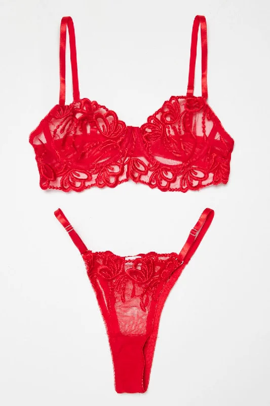 Sustainable Women's Clothing Red Embroidery Lingerie Set