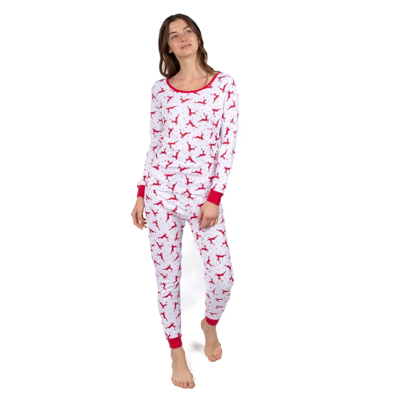 Women's Vintage Garments Christmas Womens Two Piece Cotton Pajamas Reindeer Red and White