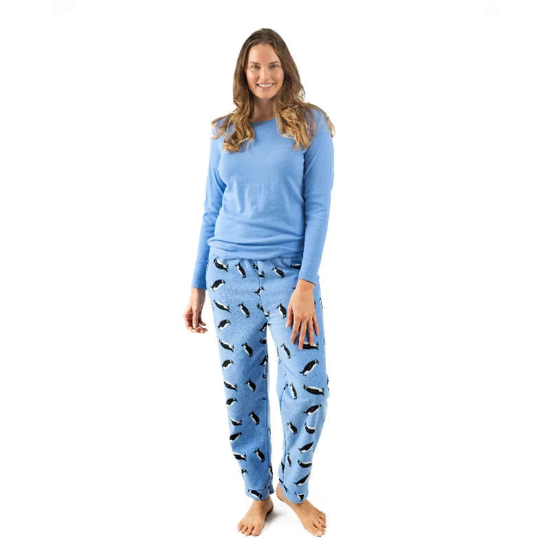 Affordable Women's Garments Christmas Womens Cotton Top and Fleece Pant Pajamas Penguin