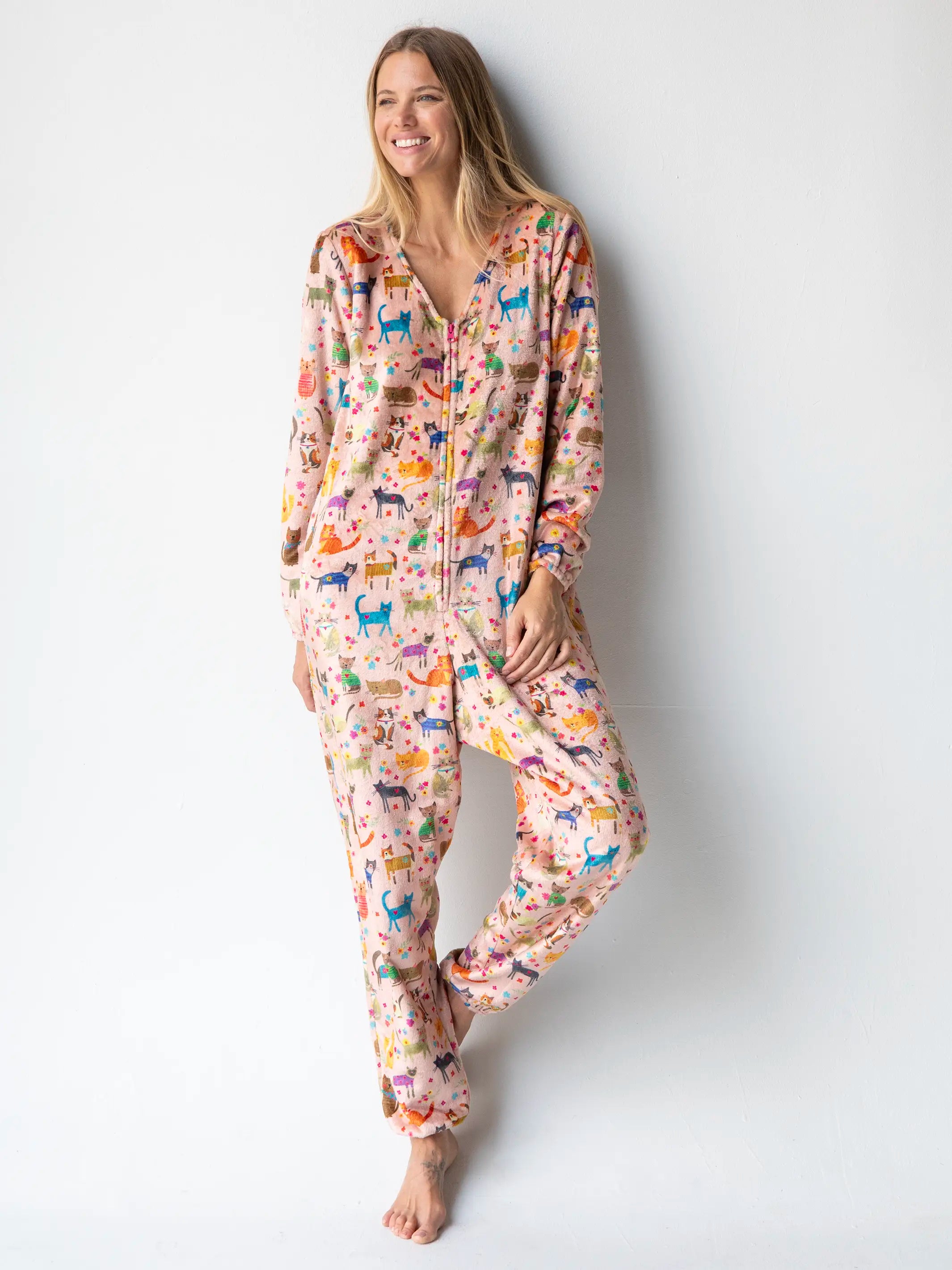 Comfortable Lounge Clothing Fleece Onesie Pajamas - Cat Floral Pink