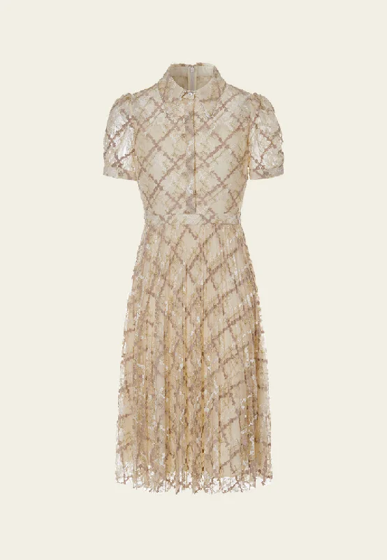 Style Without Limits Straight-point Collar Puff-sleeve Checked Mesh Dress