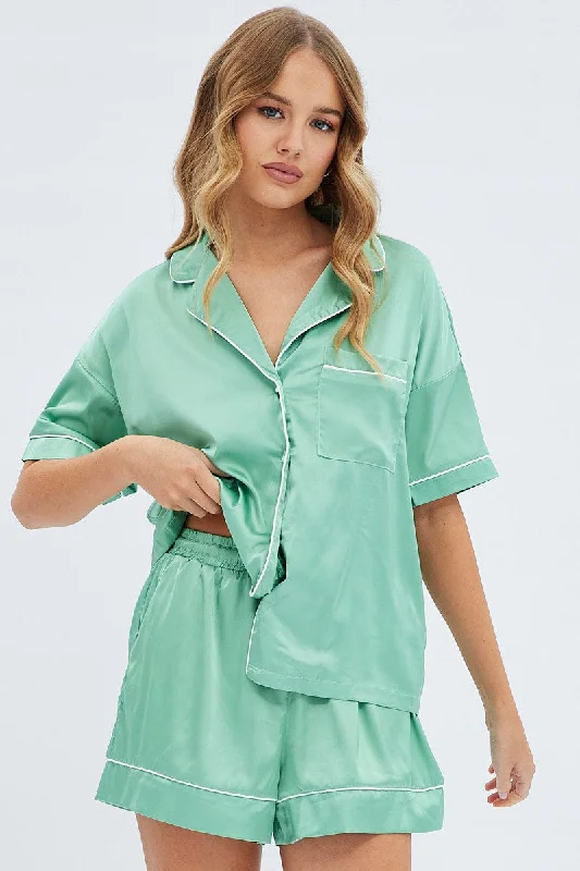 Stylish Women's Attire Green Satin Pj Piping Button Through Pyjama Set