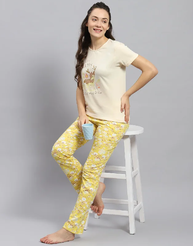 Women's Travel Apparel Women Yellow Printed Round Neck Half Sleeve Lower Set