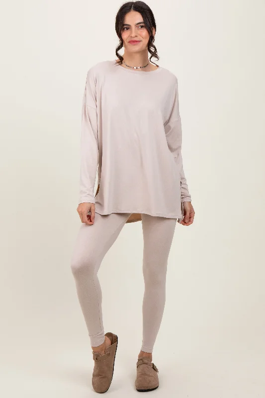 Stylish Women's Apparel Beige Brushed Knit Oversized Top and Legging Set